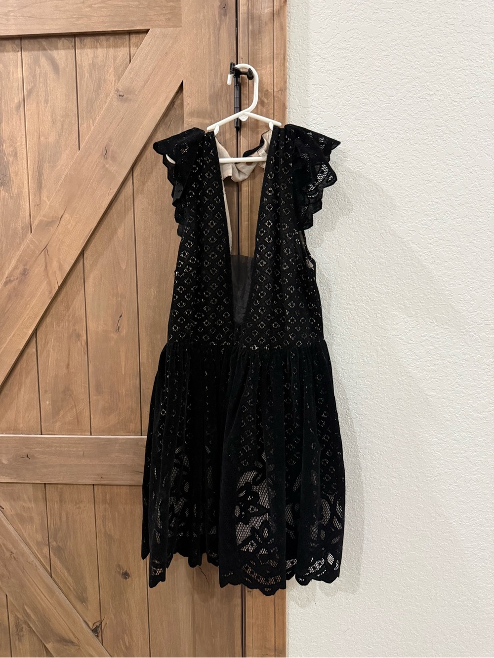 Free People Black Lace V-Neck Mini Dress with Ruffles